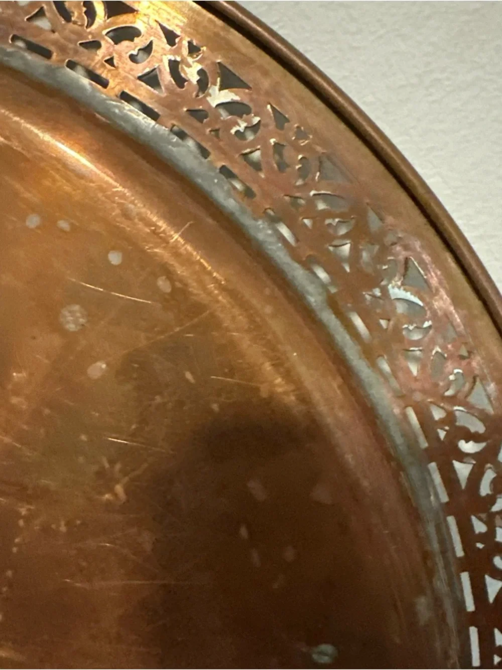 Vintage solid copper tray reticulated border 14”D